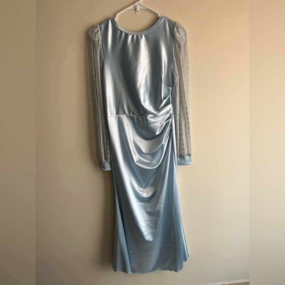 Elegant Blue Satin Dress with Lace Sleeves